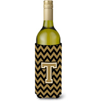 Letter T Chevron Black and Gold  Wine Bottle Beverage Insulator Hugger CJ1050-TLITERK