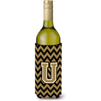 Letter U Chevron Black and Gold  Wine Bottle Beverage Insulator Hugger CJ1050-ULITERK