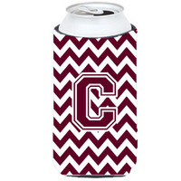 Letter C Chevron Maroon and White  Tall Boy Beverage Insulator Hugger CJ1051-CTBC