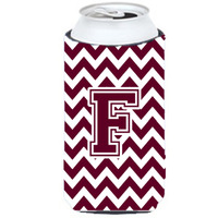 Letter F Chevron Maroon and White  Tall Boy Beverage Insulator Hugger CJ1051-FTBC