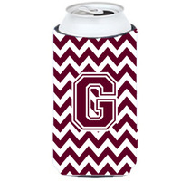 Letter G Chevron Maroon and White  Tall Boy Beverage Insulator Hugger CJ1051-GTBC