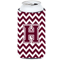 Letter H Chevron Maroon and White  Tall Boy Beverage Insulator Hugger CJ1051-HTBC