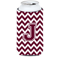 Letter J Chevron Maroon and White  Tall Boy Beverage Insulator Hugger CJ1051-JTBC