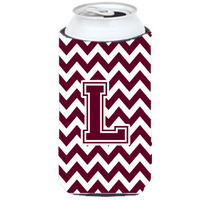 Letter L Chevron Maroon and White  Tall Boy Beverage Insulator Hugger CJ1051-LTBC