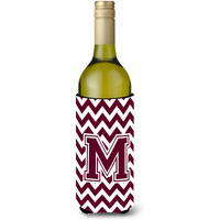Letter M Chevron Maroon and White  Wine Bottle Beverage Insulator Hugger CJ1051-MLITERK