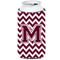 Letter M Chevron Maroon and White  Tall Boy Beverage Insulator Hugger CJ1051-MTBC