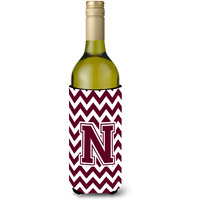 Letter N Chevron Maroon and White  Wine Bottle Beverage Insulator Hugger CJ1051-NLITERK