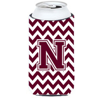 Letter N Chevron Maroon and White  Tall Boy Beverage Insulator Hugger CJ1051-NTBC