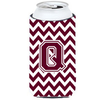 Letter Q Chevron Maroon and White  Tall Boy Beverage Insulator Hugger CJ1051-QTBC