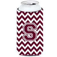 Letter S Chevron Maroon and White  Tall Boy Beverage Insulator Hugger CJ1051-STBC