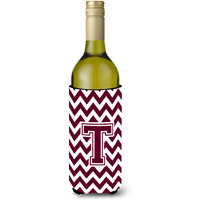 Letter T Chevron Maroon and White  Wine Bottle Beverage Insulator Hugger CJ1051-TLITERK