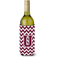 Letter U Chevron Maroon and White  Wine Bottle Beverage Insulator Hugger CJ1051-ULITERK