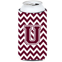 Letter U Chevron Maroon and White  Tall Boy Beverage Insulator Hugger CJ1051-UTBC