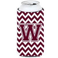 Letter W Chevron Maroon and White  Tall Boy Beverage Insulator Hugger CJ1051-WTBC