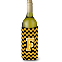 Letter F Chevron Black and Gold Wine Bottle Beverage Insulator Hugger CJ1053-FLITERK