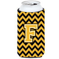 Letter F Chevron Black and Gold Tall Boy Beverage Insulator Hugger CJ1053-FTBC