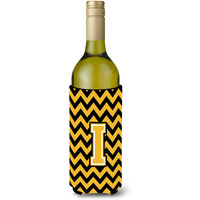 Letter I Chevron Black and Gold Wine Bottle Beverage Insulator Hugger CJ1053-ILITERK