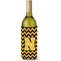 Letter N Chevron Black and Gold Wine Bottle Beverage Insulator Hugger CJ1053-NLITERK
