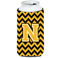 Letter N Chevron Black and Gold Tall Boy Beverage Insulator Hugger CJ1053-NTBC