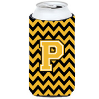 Letter P Chevron Black and Gold Tall Boy Beverage Insulator Hugger CJ1053-PTBC