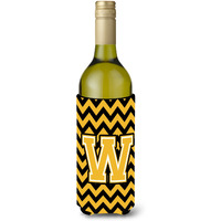 Letter W Chevron Black and Gold Wine Bottle Beverage Insulator Hugger CJ1053-WLITERK