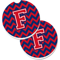 "Caroline's Treasures Letter F Chevron Yale Blue & Crimson Set of 2 Cup Holder Car Coasters CJ1054-FCARC, 2.56, Multicolor"