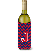 Letter J Chevron Yale Blue and Crimson Wine Bottle Beverage Insulator Hugger CJ1054-JLITERK