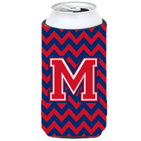 Letter M Chevron  Yale Blue and Crimson Tall Boy Beverage Insulator Hugger CJ1054-MTBC