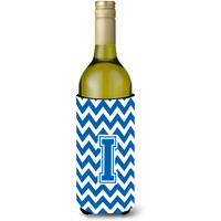 Letter I Chevron Blue and White Wine Bottle Beverage Insulator Hugger CJ1056-ILITERK