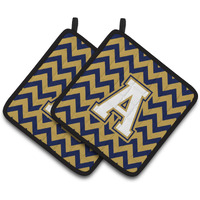 "Caroline's Treasures Letter A Chevron Navy Blue & Gold Pair of Pot Holders CJ1057-APTHD, 7.5HX7.5W, Multicolor"