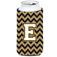 Letter E Chevron Navy Blue and Gold Tall Boy Beverage Insulator Hugger CJ1057-ETBC
