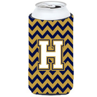 Letter H Chevron Navy Blue and Gold Tall Boy Beverage Insulator Hugger CJ1057-HTBC