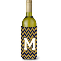 Letter M Chevron Navy Blue and Gold Wine Bottle Beverage Insulator Hugger CJ1057-MLITERK