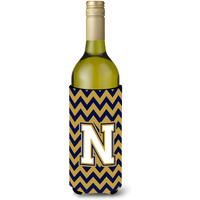 Letter N Chevron  Navy Blue and Gold Wine Bottle Beverage Insulator Hugger CJ1057-NLITERK