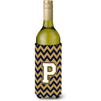 Letter P Chevron Navy Blue and Gold Wine Bottle Beverage Insulator Hugger CJ1057-PLITERK