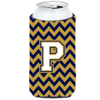 Letter P Chevron Navy Blue and Gold Tall Boy Beverage Insulator Hugger CJ1057-PTBC