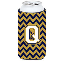 Letter Q Chevron Navy Blue and Gold Tall Boy Beverage Insulator Hugger CJ1057-QTBC