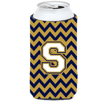 Letter S Chevron Navy Blue and Gold Tall Boy Beverage Insulator Hugger CJ1057-STBC