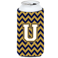 Letter U Chevron Navy Blue and Gold Tall Boy Beverage Insulator Hugger CJ1057-UTBC