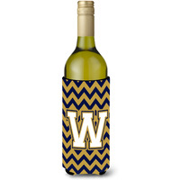 Letter W Chevron Navy Blue and Gold Wine Bottle Beverage Insulator Hugger CJ1057-WLITERK
