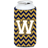 Letter W Chevron Navy Blue and Gold Tall Boy Beverage Insulator Hugger CJ1057-WTBC