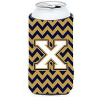 Letter X Chevron  Navy Blue and Gold Tall Boy Beverage Insulator Hugger CJ1057-XTBC