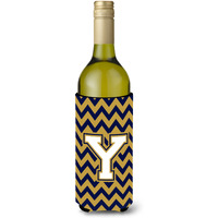 Letter Y Chevron  Navy Blue and Gold Wine Bottle Beverage Insulator Hugger CJ1057-YLITERK