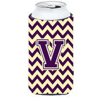 Letter V Chevron  Purple and Gold Tall Boy Beverage Insulator Hugger CJ1058-VTBC