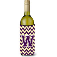 Letter W Chevron Purple and Gold Wine Bottle Beverage Insulator Hugger CJ1058-WLITERK