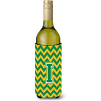 Letter I Chevron Green and Gold Wine Bottle Beverage Insulator Hugger CJ1059-ILITERK