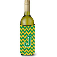 Letter J Chevron Green and Gold Wine Bottle Beverage Insulator Hugger CJ1059-JLITERK