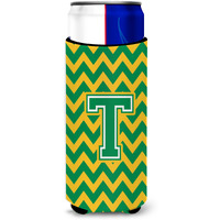 Letter T Chevron Green and Gold Ultra Beverage Insulators for slim cans CJ1059-TMUK