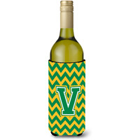 Letter V Chevron Green and Gold Wine Bottle Beverage Insulator Hugger CJ1059-VLITERK
