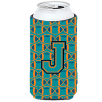"Letter J Football Aqua, Orange and Marine Blue Tall Boy Beverage Insulator Hugger CJ1063-JTBC"